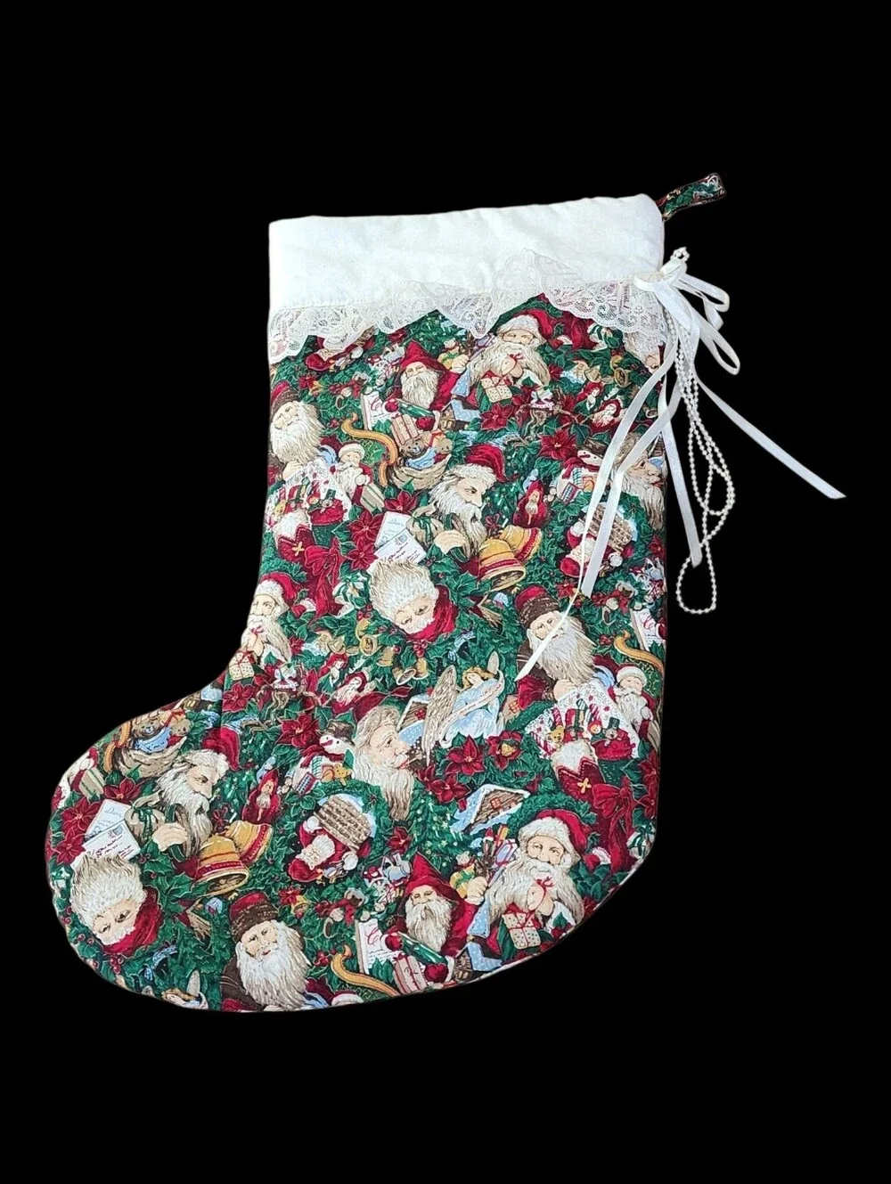 Handmade Christmas Stocking Old World Santa's Lace Ribbon 